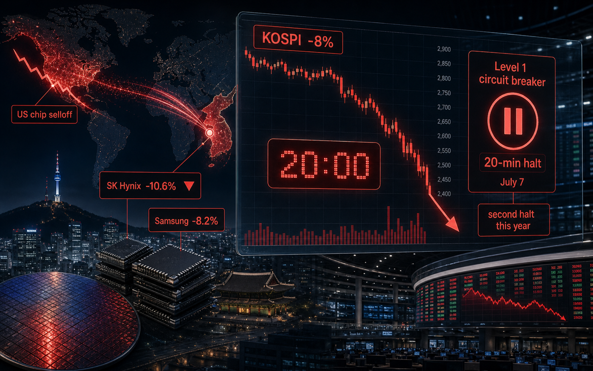 KOSPI trading halted 20 minutes as chip selloff triggers second circuit breaker of 2026