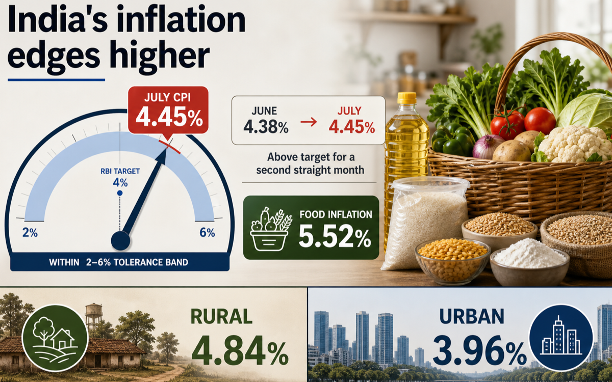 India's retail inflation rises to 4.45%, a second month above the RBI's 4% target