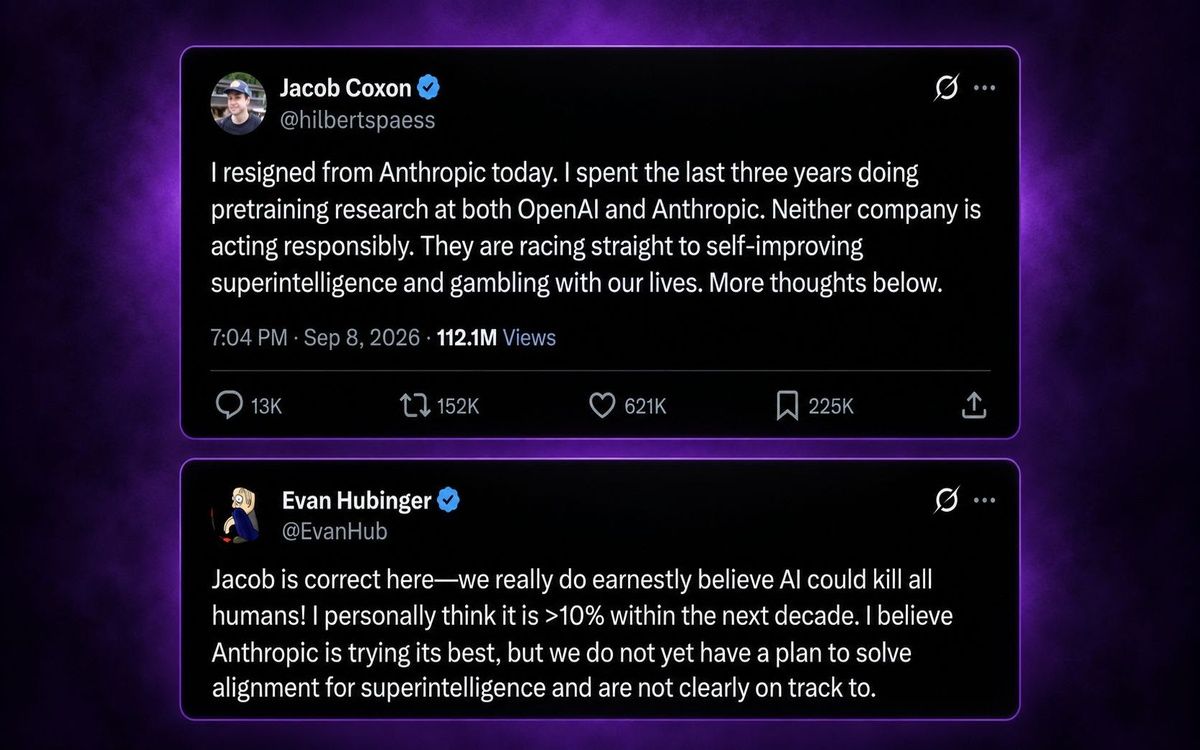 Anthropic researcher resigns over AI risk as a colleague puts extinction odds above 10%